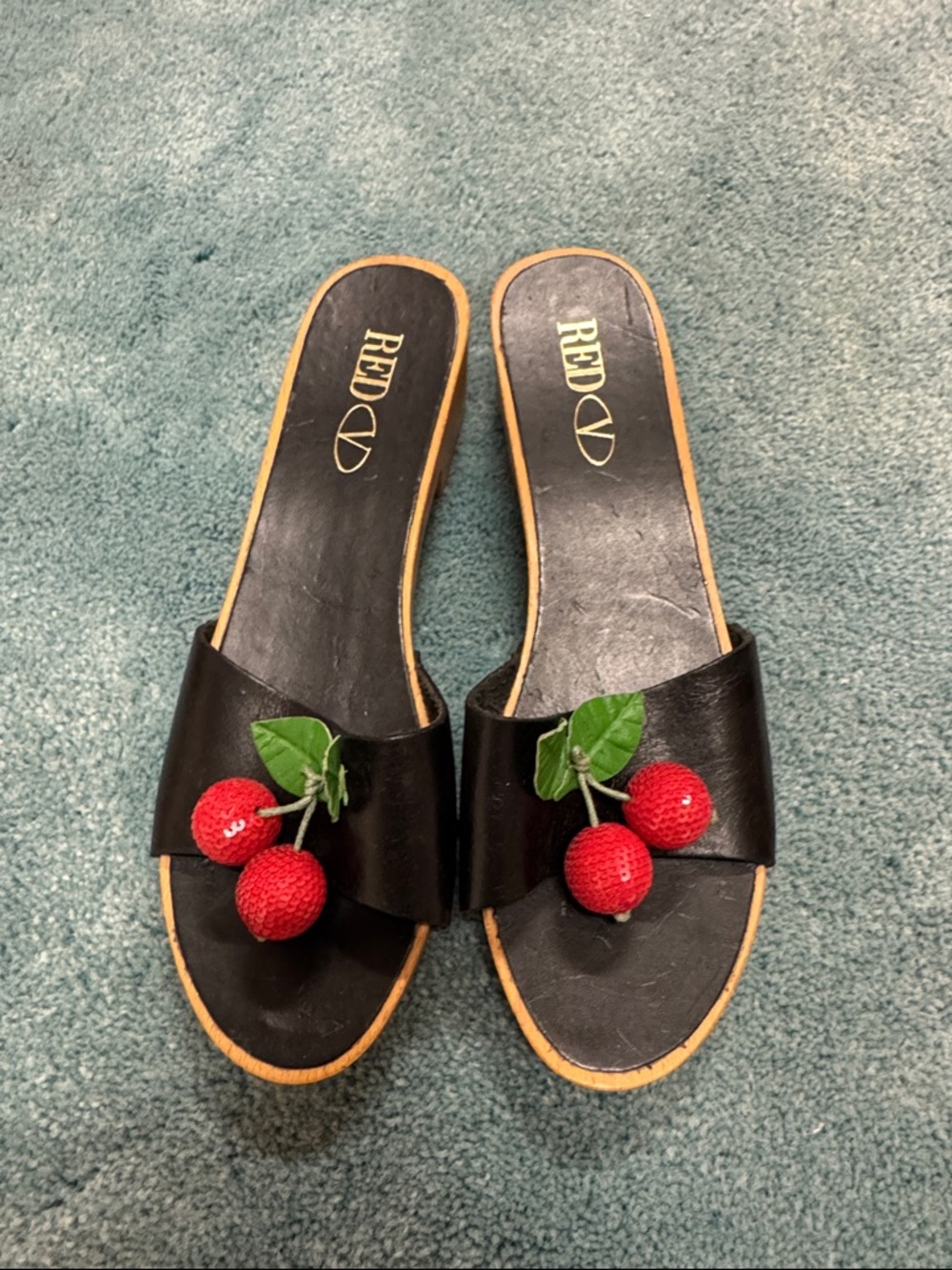 RED Valentino Black Slide Mules with Red Cherry Accents